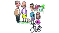 illustration af familie med to børn, hus og hund