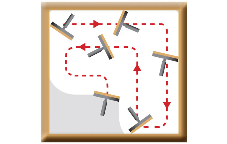 Her er en måderne, du kan pudse vinduer på: Start i det øverste venstre hjørne og følg pilene. Overlap lidt af det, du allerede har skrabet, når du fører vinduesskraberen rundt. Hvis du vil slippe for striber på vinduet, bør du pudse hele vinduet