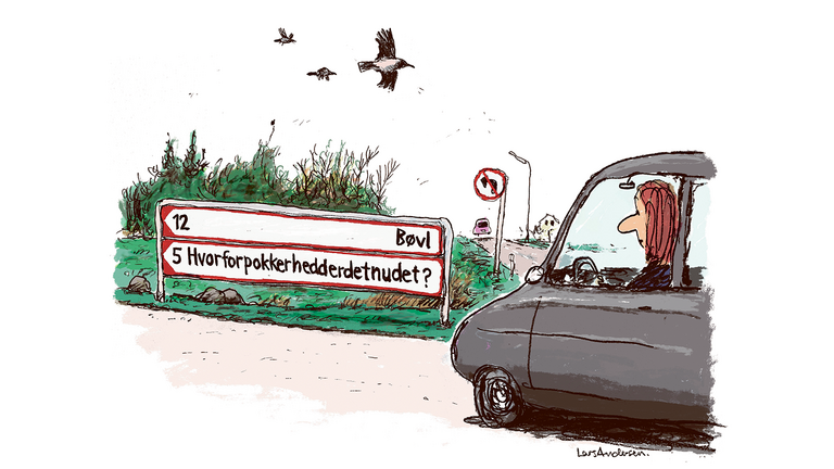 Kvinde kommer kørende og ser to skilte: ”12 Bøvl” og ”5 Hvorforpokkerheddernudet?”