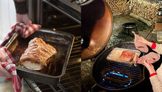 Flæskesteg tages ud af ovn og kvinde holder på grydelapper og griber mod ribbenssteg i foliebakke på gasgrill