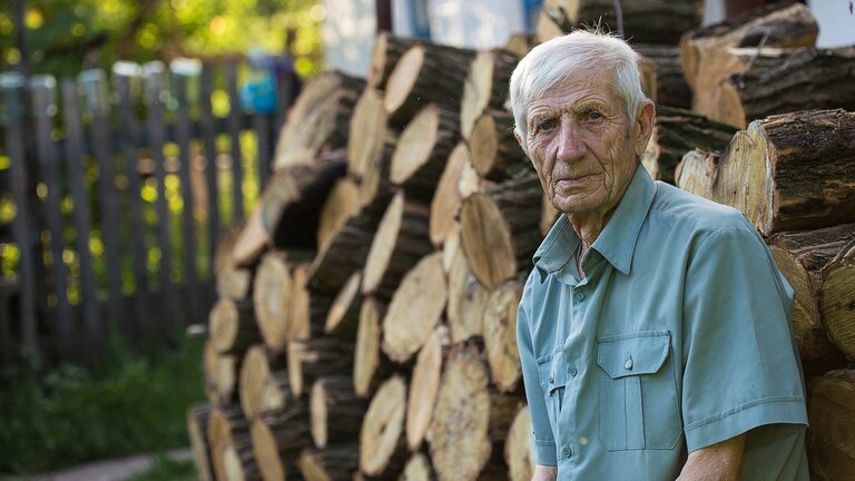 Mand sidder foran brændestabel