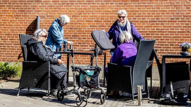 Kvinder i seniorbofællesskab sidder i solen
