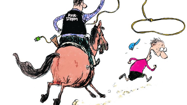 Tegning viser cowboy med påskriften ”Kvikstrøm” på vesten jage mand med lasso