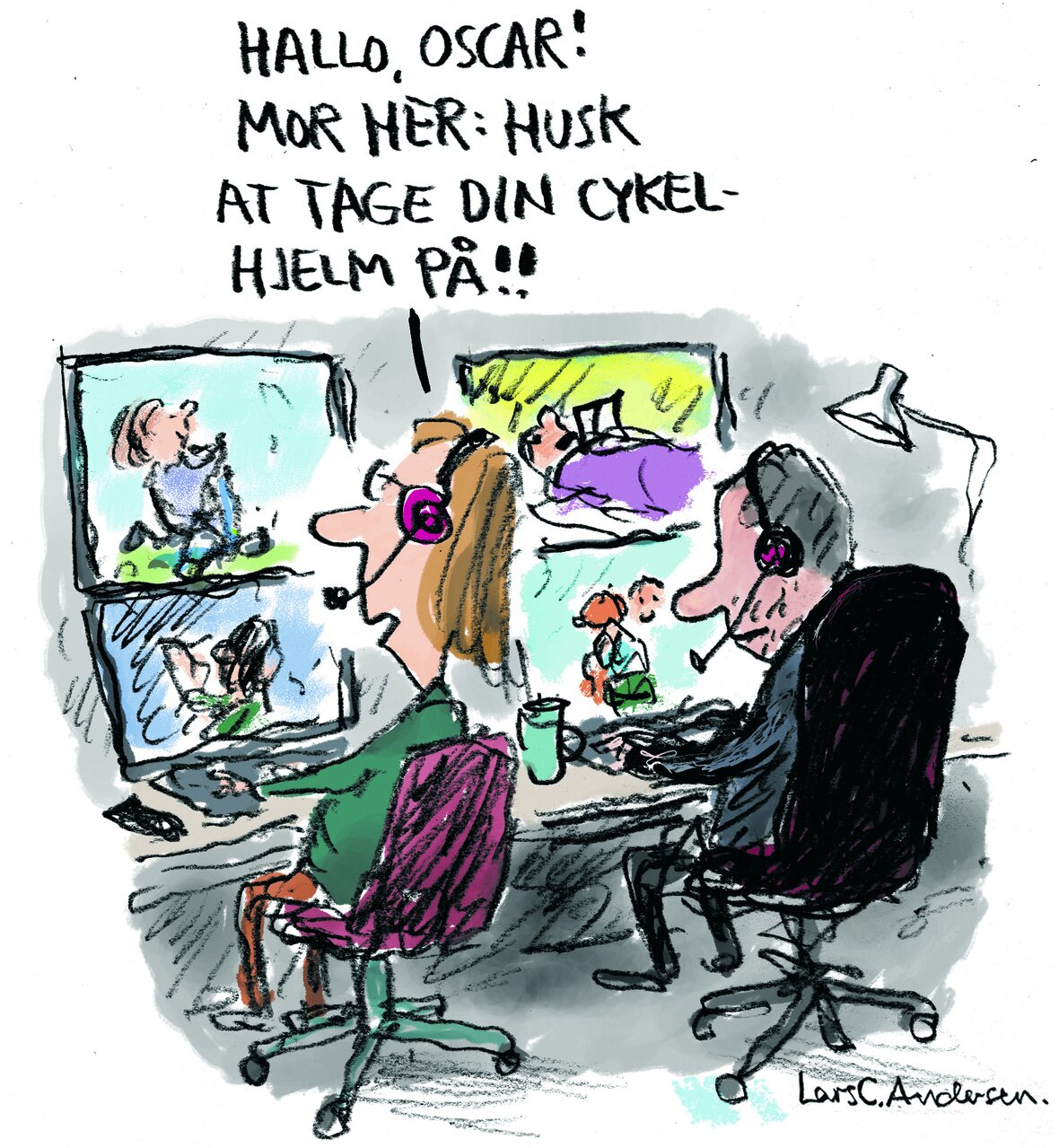Illustration af forældre som overvåger deres børn på skærme