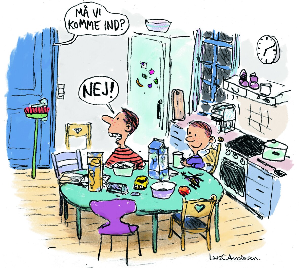 Illustration af børn i et køkken, som har låst deres forældre ude med en kost foran døren