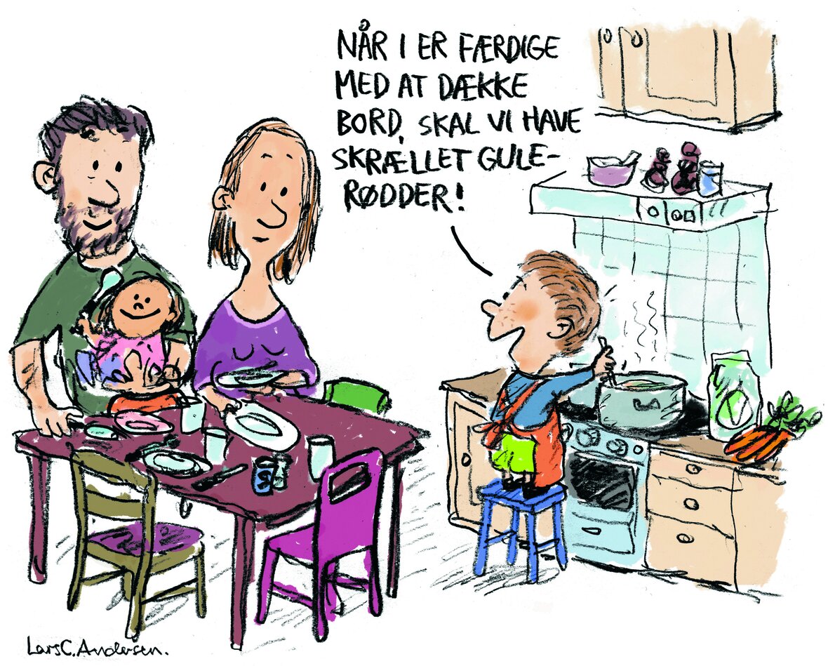 Illustration af barn som har taget over på aftensmaden i køkkenet