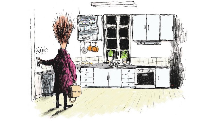 Tegning viser Louise, der med håret strittende op betragter sit køkkenbord, hvor rotter har bidt hul i en brødpose og efterladt brødkrummer.