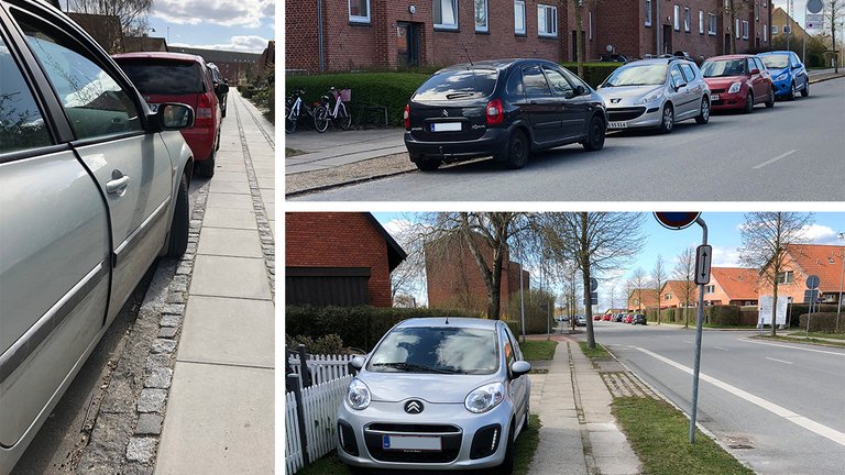 Eksempler på, hvordan du ikke må parkere din bil på offentlig vej i villakvarter og boligområder