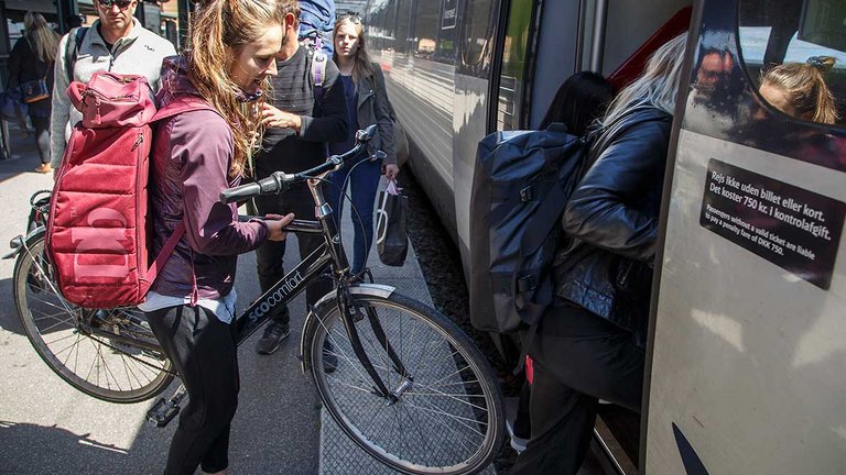 Ung pendler tager cyklen med toget.