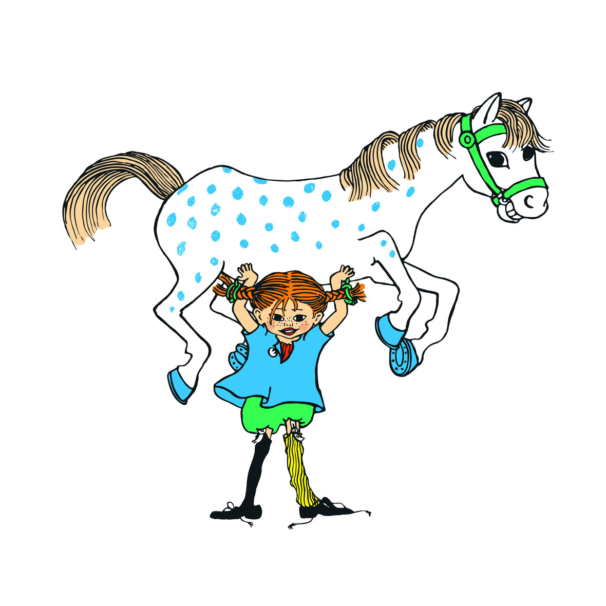 Tegning af Pippi Langstrømpe, der løfter sin hest Lille Gubben